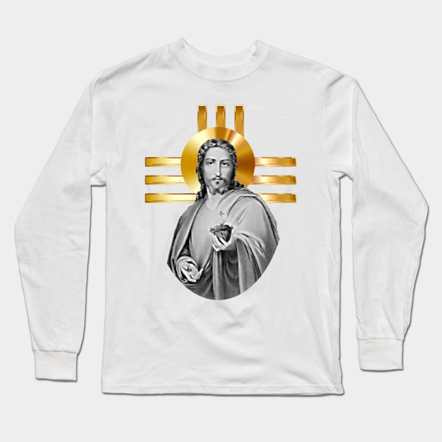 Jesus with the golden cross and his heart on fire with love Long Sleeve T-Shirt by Marccelus